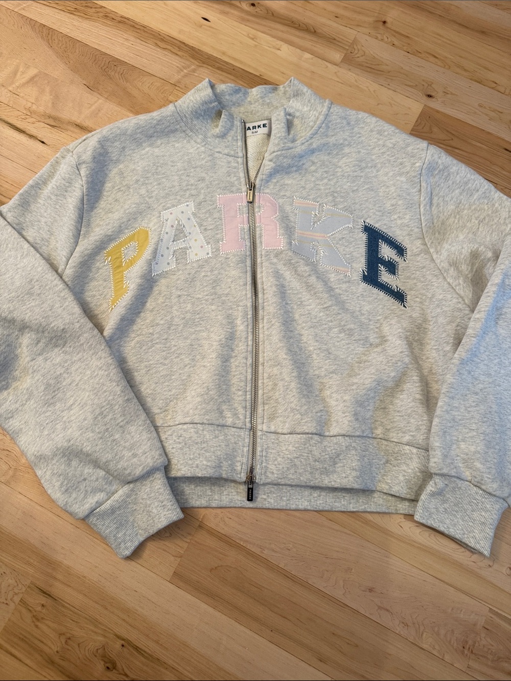 Heather grey Parke Birthday Patchwork Zip-Up Mockneck jacket Sweatshirt-S/M-New